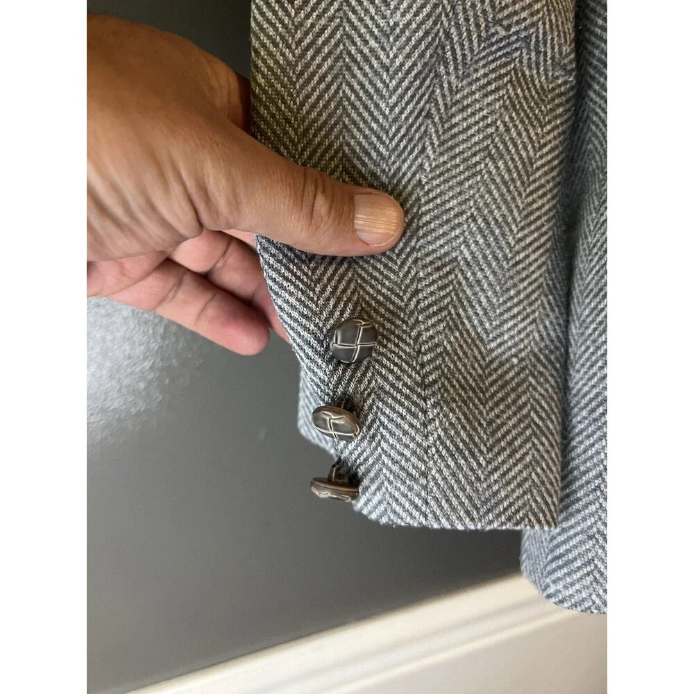 Wool Herringbone Blazer Womens Medium Two Button Patch Pockets Lined Classic